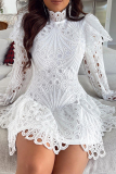 White Elegant Solid Lace Patchwork O Neck Irregular Dress Dresses