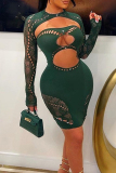 Green Sexy Solid Hollowed Out Patchwork Hot Drill O Neck Sheath Dresses