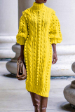Yellow Casual Solid Patchwork High Opening Turtleneck Straight Dresses
