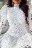 White Elegant Solid Lace Patchwork O Neck Irregular Dress Dresses