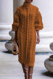 Light Brown Casual Solid Patchwork High Opening Turtleneck Straight Dresses