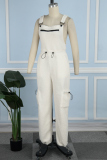 Cream White Casual Solid Patchwork Spaghetti Strap Regular Jumpsuits (Without Tops)