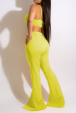 Fluorescent Yellow Sexy Solid Patchwork Slit Spaghetti Strap Sleeveless Two Pieces