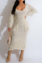 Apricot Casual Solid Tassel O Neck Long Sleeve Dresses