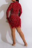 Red Sexy Patchwork Tassel Half A Turtleneck One-piece Suits Dresses