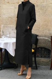 Black Casual Solid Pocket Mandarin Collar Long Sleeve Dresses