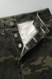Army Green Sexy Street Camouflage Print Patchwork Buckle Turndown Collar Sleeveless Two Pieces