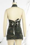 Army Green Sexy Street Camouflage Print Patchwork Buckle Turndown Collar Sleeveless Two Pieces