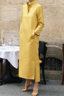 Yellow Casual Solid Pocket Mandarin Collar Long Sleeve Dresses