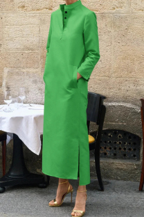 Green Casual Solid Pocket Mandarin Collar Long Sleeve Dresses