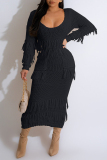 Coffee Casual Solid Tassel O Neck Long Sleeve Dresses