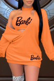 Orange Casual Letter Print Basic Half A Turtleneck Long Sleeve Two Pieces