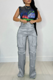 Black Casual Solid Patchwork Regular High Waist Conventional Solid Color Trousers