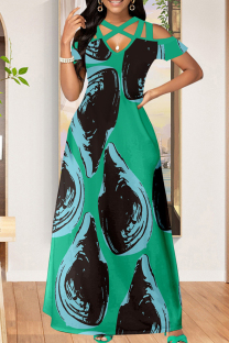 Green Sexy Print Patchwork Asymmetrical Collar Printed Dress Dresses