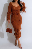 Rose Red Casual Solid Tassel O Neck Long Sleeve Dresses