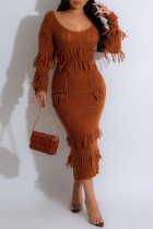 Coffee Casual Solid Tassel O Neck Long Sleeve Dresses