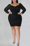 Black Casual Solid Basic V Neck Long Sleeve Plus Size Dresses