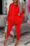 Tangerine Red Casual Letter Embroidered Hooded Collar Long Sleeve Two Pieces