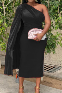 Black Casual Solid Patchwork Oblique Collar Pencil Skirt Plus Size Dresses