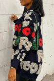 Red Casual Letter Patchwork Buckle Cardigan Collar Outerwear