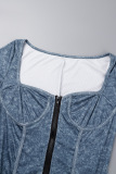 Grey Elegant Solid Patchwork Zipper Asymmetrical Collar Skinny Jumpsuits