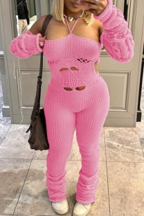 Pink Sexy Solid Hollowed Out Backless Strapless Skinny Jumpsuits