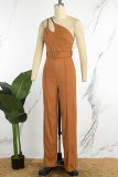 Rose Red Sexy Casual Solid Backless With Belt Oblique Collar Skinny Jumpsuits