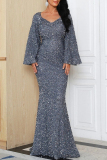 Silver Elegant Formal Solid Sequins V Neck Evening Dress Dresses