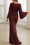 Burgundy Elegant Formal Solid Sequins V Neck Evening Dress Dresses