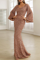 Gold Elegant Formal Solid Sequins V Neck Evening Dress Dresses