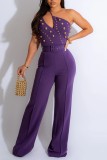 Rose Red Sexy Casual Solid Backless With Belt Oblique Collar Skinny Jumpsuits