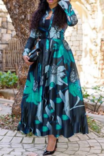 Green Casual Print Basic Mandarin Collar Long Dress Dresses