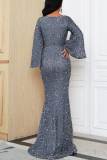 Silver Elegant Formal Solid Sequins V Neck Evening Dress Dresses