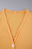 Yellow Casual Street Solid Patchwork Buttons V Neck Long Sleeve Two Pieces
