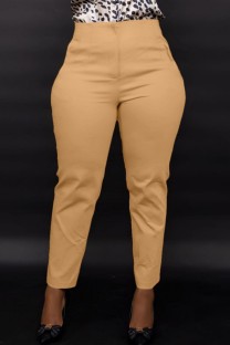 Khaki Casual Solid Basic Regular High Waist Conventional Solid Color Trousers