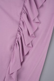 Pink Elegant Solid Patchwork Frenulum V Neck Long Dress Dresses