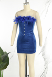 Blue Sexy Solid Patchwork Feathers Strapless Strapless Dress Dresses