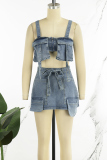 Light Blue Street Solid Bandage Patchwork Pocket Zipper Spaghetti Strap Sleeveless Two Pieces