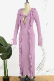 Khaki Elegant Solid Patchwork Frenulum V Neck Long Dress Dresses