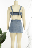 Light Blue Street Solid Bandage Patchwork Pocket Zipper Spaghetti Strap Sleeveless Two Pieces