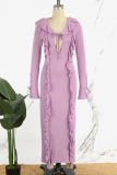 Khaki Elegant Solid Patchwork Frenulum V Neck Long Dress Dresses