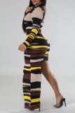 Yellow Casual Striped Asymmetrical O Neck Long Sleeve Dresses