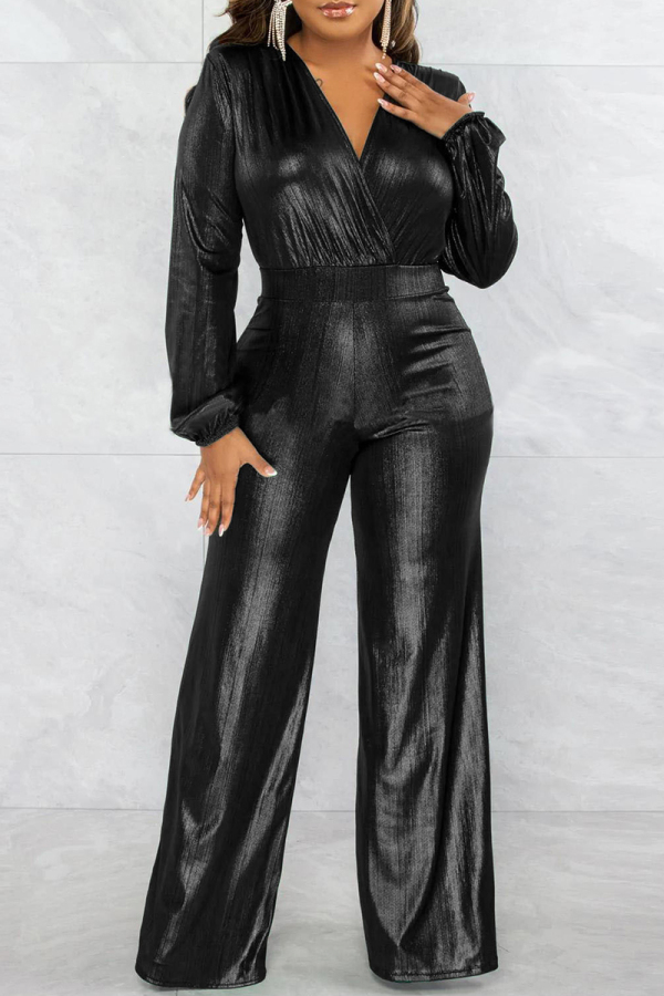 Black Elegant Solid Patchwork V Neck Plus Size Jumpsuits
