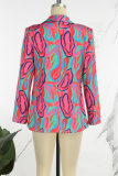 Rose Red Casual Daily Mixed Printing Printing Contrast Turn-back Collar Outerwear