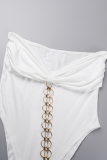 White Sexy Casual Elegant Vacation Chains Solid Color Pleated Halter Sleeveless Two Pieces