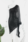Black Sexy Casual Patchwork Sequins Backless Oblique Collar Irregular Dress Dresses