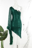 Green Sexy Casual Patchwork Sequins Backless Oblique Collar Irregular Dress Dresses