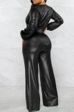 Black Elegant Solid Patchwork V Neck Plus Size Jumpsuits