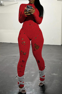 Red Casual Solid Ripped Frenulum Turtleneck Skinny Jumpsuits