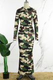 Silver Sexy Camouflage Print Patchwork Pocket Hooded Collar Long Dress Dresses